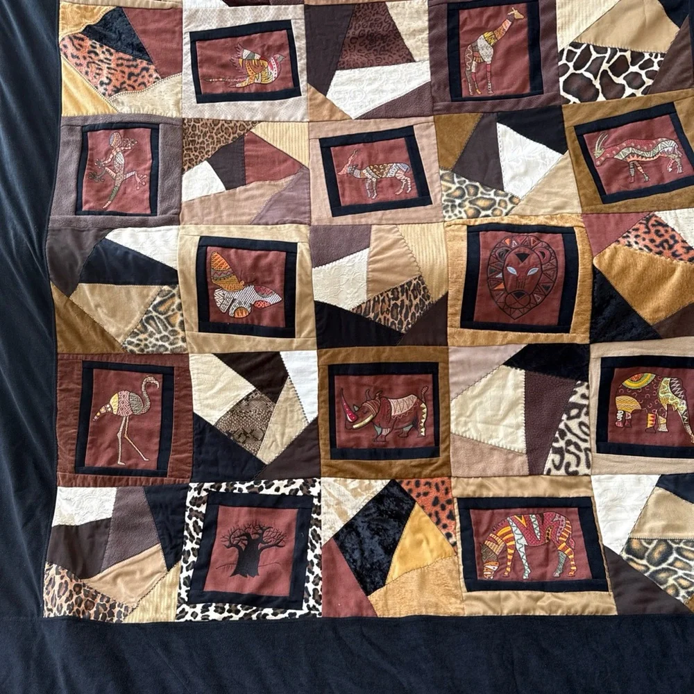extra Large vintage, handmade Patchwork Animal safari Print Quilt brown and blk